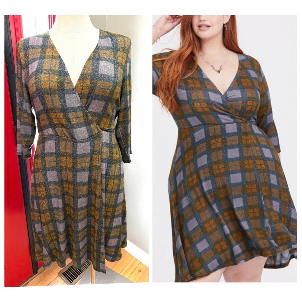 Torrid 2 Outlander Tartan Plaid Surplice Busty Faux Wrap Hacci Mini Dress 2X New